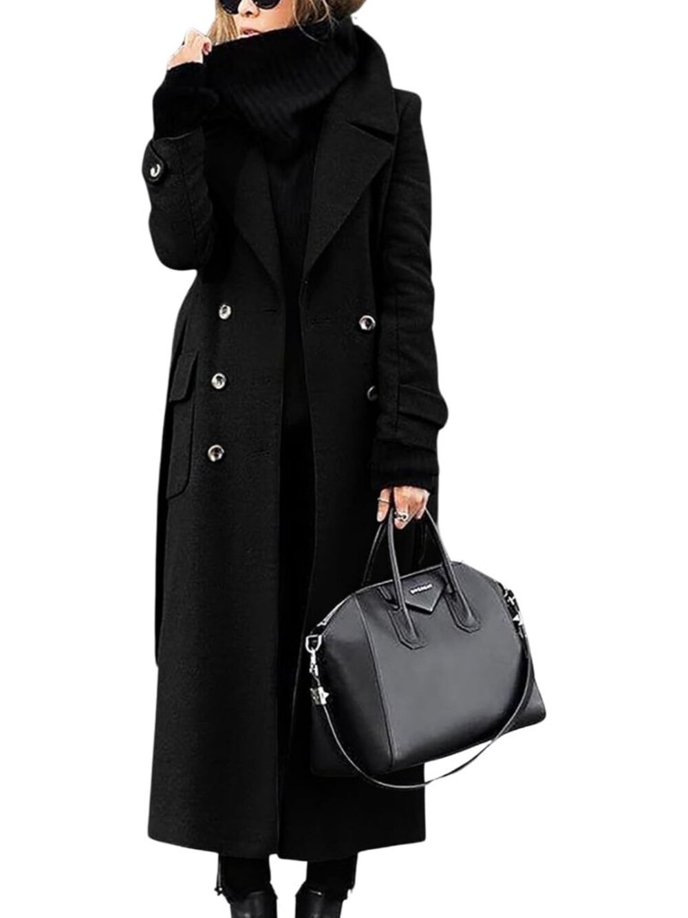 Women‘s Black Notch Collar Double Breasted Wool Belted Mid Long Pea Trench Coat